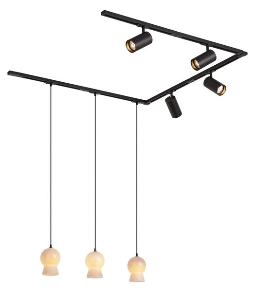 Moderní kolejnicový systém černý se 4 bodovými světly a 3 bílými závěsnými svítidly 1-fázový - Iconic Bell Jeana Luxe