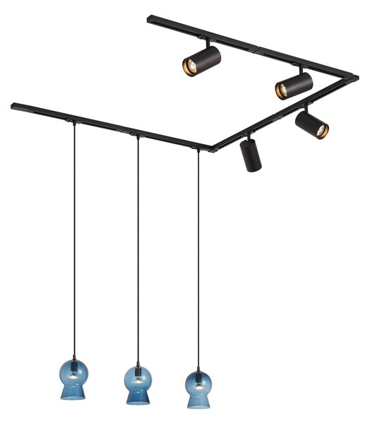 Modern Black Track System with 4 Spotlights and 3 Blue Pendant Lights 1-Phase - Iconic Bell Jeana Luxe