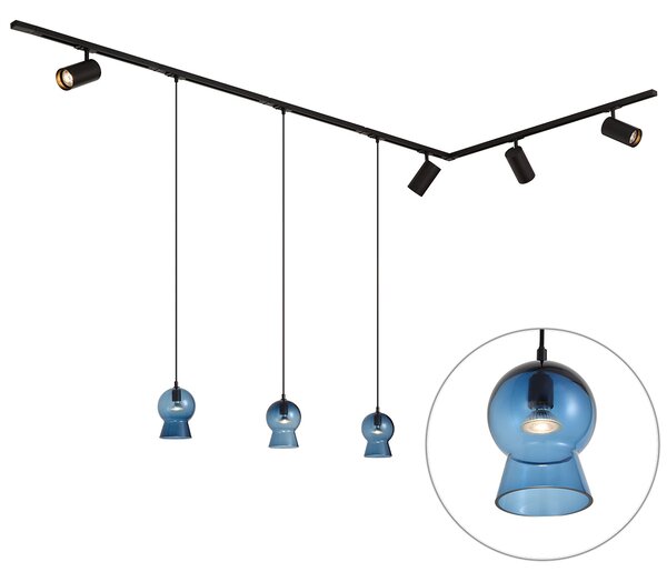 Modern Black Track System with 4 Spotlights and 3 Blue Pendant Lights 1-Phase - Iconic Bell Jeana Luxe