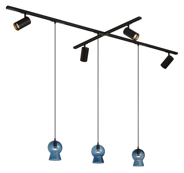 Modern Black Track System with 4 Spotlights and 3 Blue Pendant Lights 1-Phase - Iconic Bell Jeana Luxe