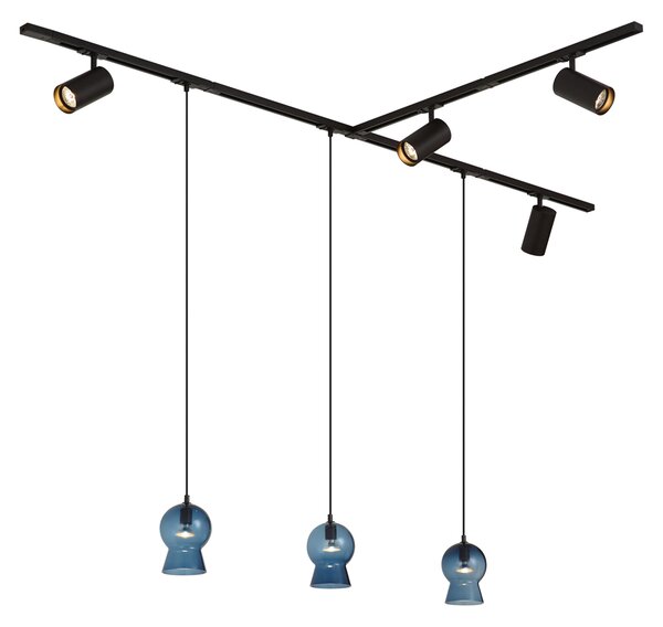 Modern Black Track System with 4 Spotlights and 3 Blue Pendant Lights 1-Phase - Iconic Bell Jeana Luxe