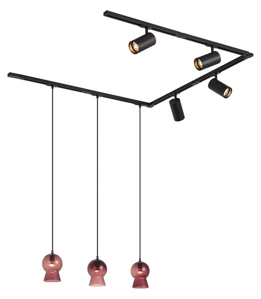 Moderní černý kolejnicový systém se 4 bodovými světly a 3 fialovými závěsnými svítidly 1-fázový - Iconic Bell Jeana Luxe