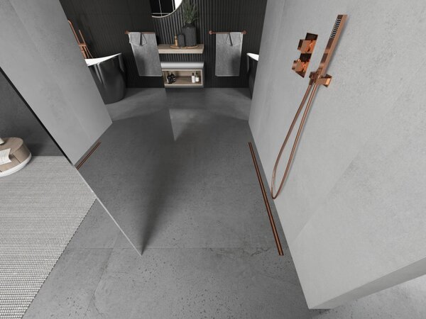 Mexen Kioto, průchozí sprchová zástěna 100 x 200 cm, 8mm sklo vzor zrcadlo, 2x růžové zlato stabilizační rozpěra, 800-100-002-60-50
