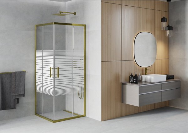 Mexen Rio, čtvercový sprchový kout s posuvnými dveřmi 70 (dveře) x 70 (dveře) x 190 cm, 5mm čiré sklo s pásky, zlatý profil, 860-070-070-50-20
