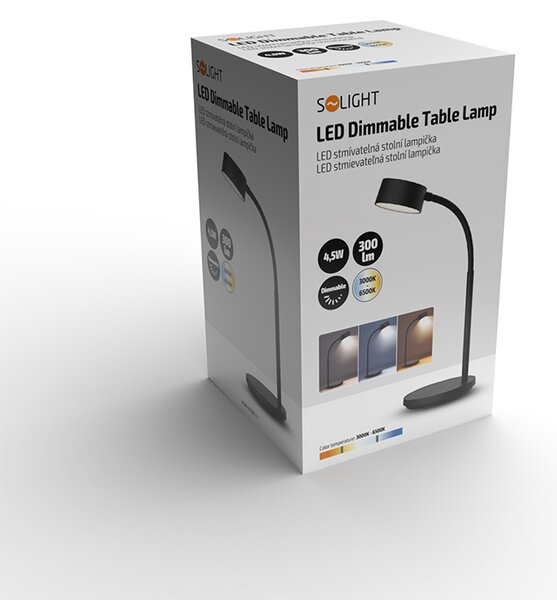 SOLIGHT LED stolní lampička, 4,5W, 300lm, 3CCT, černá, podstavec