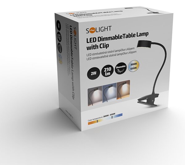 SOLIGHT LED stolní nabíjecí lampička, 2W, 210lm, 3CCT, černá, clip