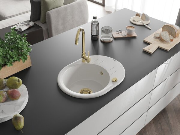 Mexen Kevin, granitový dřez 586x458x190 mm, 1-komorový, bílá se zlatým sifonem, 6517581005-20-G