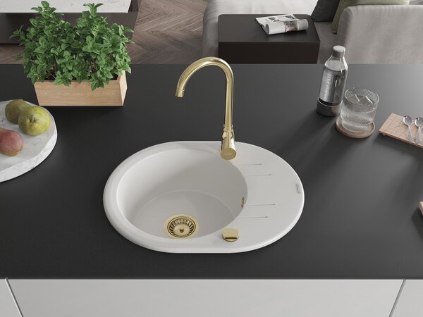 Mexen Kevin, granitový dřez 586x458x190 mm, 1-komorový, bílá se zlatým sifonem, 6517581005-20-G