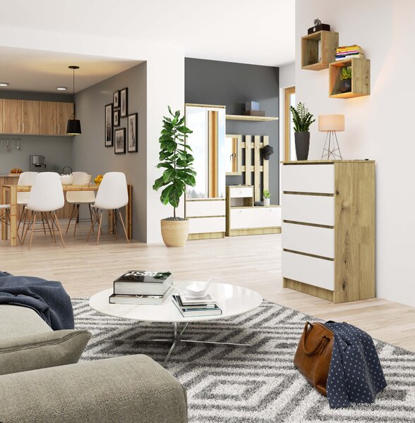 Ak furniture Komoda Kuba 60 cm - 4 šuplíky dub artisan/bílá