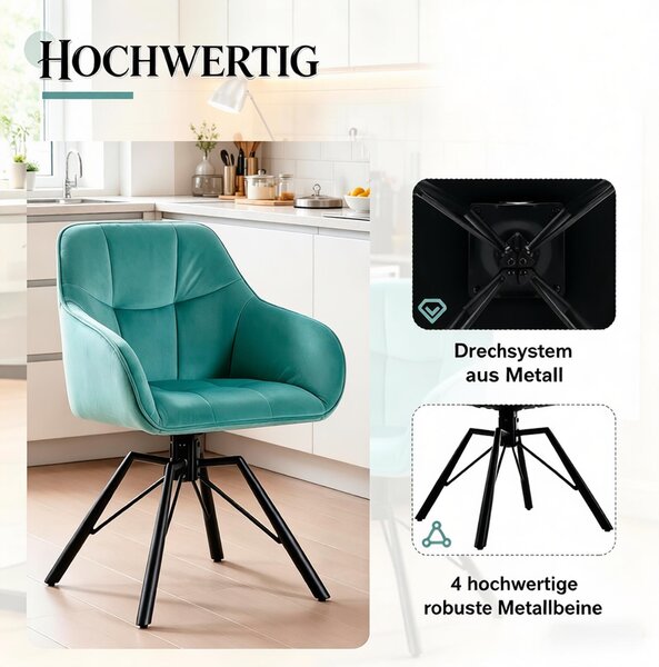 Elegantní kuchyňské židle, otočná jídelní židle, kuchyňské židle s měkkou opěradlem (pouze 2 kusy). Barva: tyrkysová