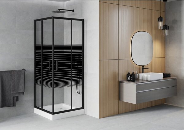 Mexen Rio, čtvercový sprchový kout s posuvnými dveřmi 70 (dveře) x 70 (dveře) x 190 cm, 5mm čiré sklo s pásky, černý profil + bílá sprchová vanička R…