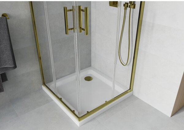 Mexen Rio, čtvercový sprchový kout s posuvnými dveřmi 70 (dveře) x 70 (dveře) x 190 cm, 5mm čiré sklo, zlatý profil + sprchová vanička SLIM se zlatým sifonem, 860-070-070-50-00-4010G