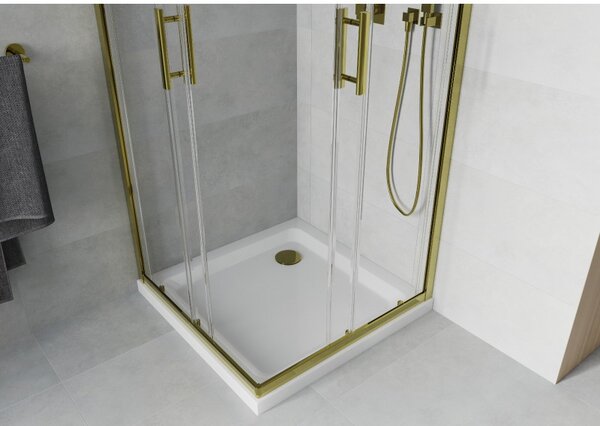 Mexen Rio, čtvercový sprchový kout s posuvnými dveřmi 70 (dveře) x 70 (dveře) x 190 cm, 5mm čiré sklo, zlatý profil + sprchová vanička SLIM se zlatým sifonem, 860-070-070-50-00-4010G