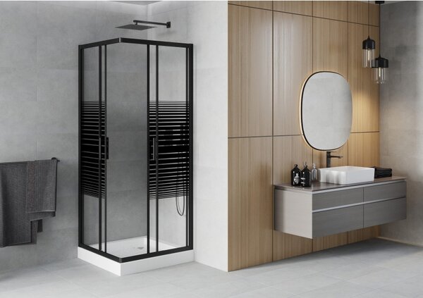 Mexen Rio, čtvercový sprchový kout s posuvnými dveřmi 70 (dveře) x 70 (dveře) x 190 cm, 5mm čiré sklo s pásky, černý profil + bílá sprchová vanička R…