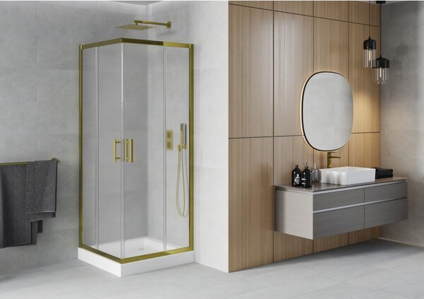 Mexen Rio, čtvercový sprchový kout s posuvnými dveřmi 70 (dveře) x 70 (dveře) x 190 cm, 5mm sklo námraza, zlatý profil + bílá sprchová vanička RIO, 8…