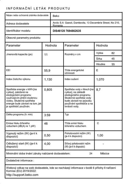 Beko DIS46120 Vestavná myčka plně integrovaná 45 cm