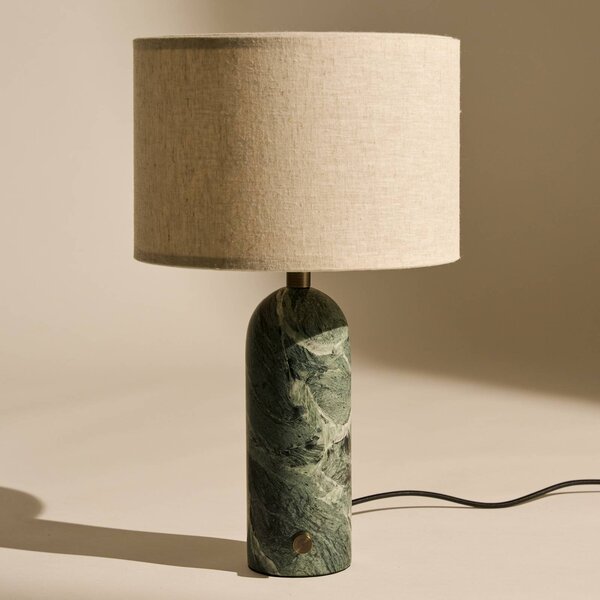 GUBI Stolní lampa Gubi Gravity Small, zelený mramor, krémové plátno, stmívatelný, Zelená, Obývací pokoj / jídelna, Kámen, Design