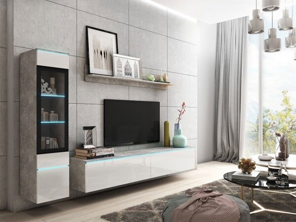 Nábytek do obývacího pokoje Sawoti I, Barva: Beton + Bílý lesk, Osvětlení: osvětlení LED - bílé 5903211074523