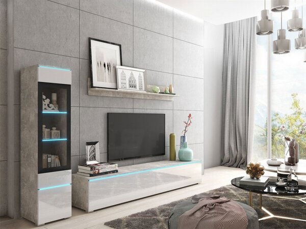 Nábytek do obývacího pokoje Sawoti I, Barva: Beton + Bílý lesk, Osvětlení: osvětlení LED - bílé 5903211074523
