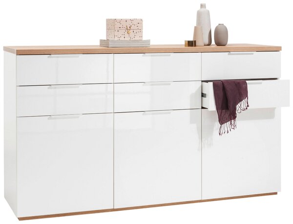 ŠIROKÁ KOMODA, barvy dubu, vysoce lesklá bílá, 180/102/50 cm Carryhome - Široké komody