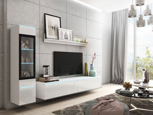 Nábytek do obývacího pokoje Sawoti I, Barva: bílá / bílý lesk, Osvětlení: osvětlení LED - bílé 5903211074509
