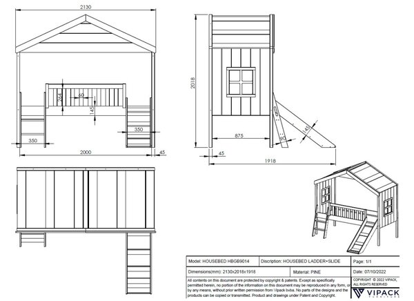 Vipack Dřevěná dětská postel Housebed 90 x 200 cm