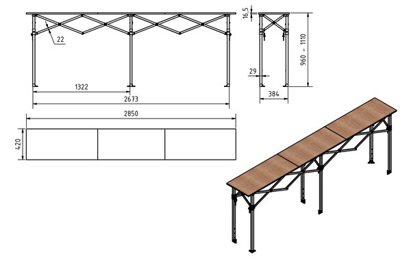 TENTino Skládací profi pult 2,85 m x 42 cm pro nůžkový stan