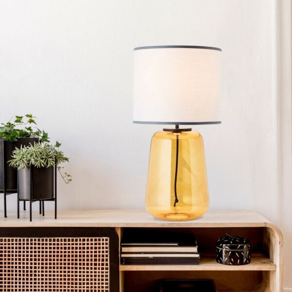 Brilliant 94546/22 Velká stolní lampa HYDRA žluté sklo, šedá textilie