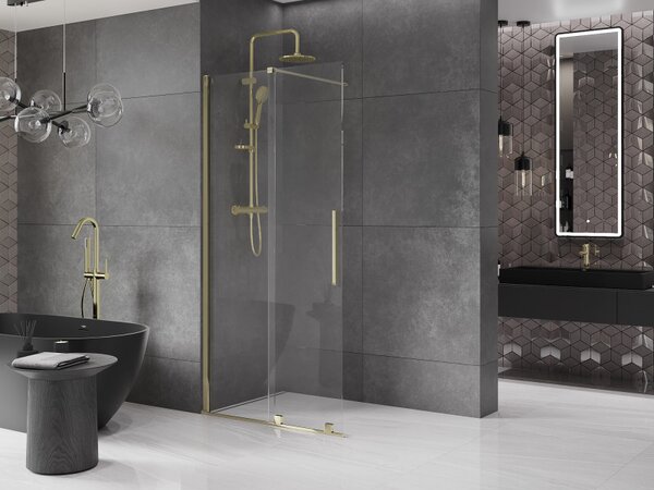 Mexen Velar, posuvné dveře do otvoru typ Walk-In 80 cm, 8mm čiré sklo, zlatá lesklá, 871-080-000-03-50