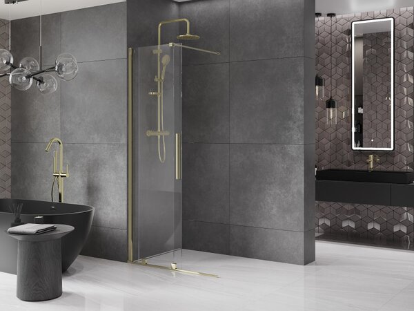 Mexen Velar, posuvné dveře do otvoru typ Walk-In 80 cm, 8mm čiré sklo, zlatá lesklá, 871-080-000-03-50