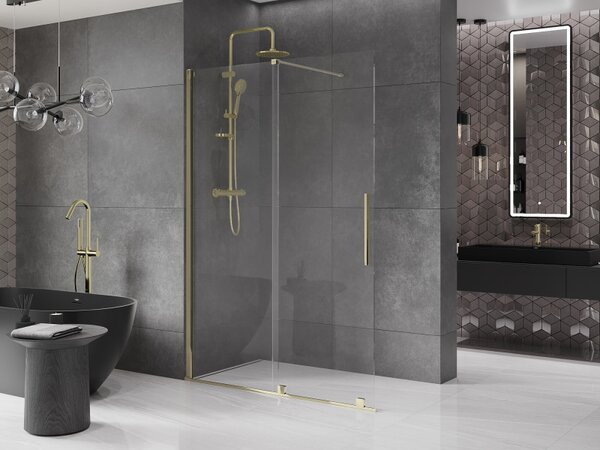 Mexen Velar, posuvné dveře do otvoru typ Walk-In 140 cm, 8mm čiré sklo, zlatá lesklá, 871-140-000-03-50