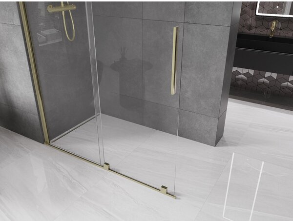Mexen Velar, posuvné dveře do otvoru typ Walk-In 140 cm, 8mm čiré sklo, zlatá lesklá, 871-140-000-03-50