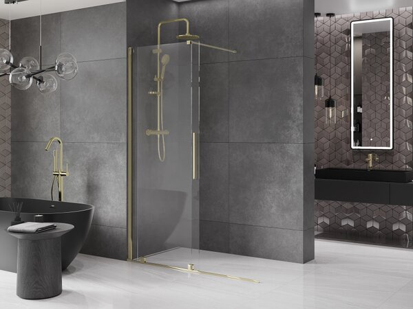 Mexen Velar, posuvné dveře do otvoru typ Walk-In 140 cm, 8mm čiré sklo, zlatá lesklá, 871-140-000-03-50