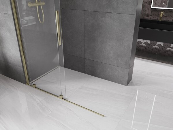 Mexen Velar, posuvné dveře do otvoru typ Walk-In 140 cm, 8mm čiré sklo, zlatá lesklá, 871-140-000-03-50