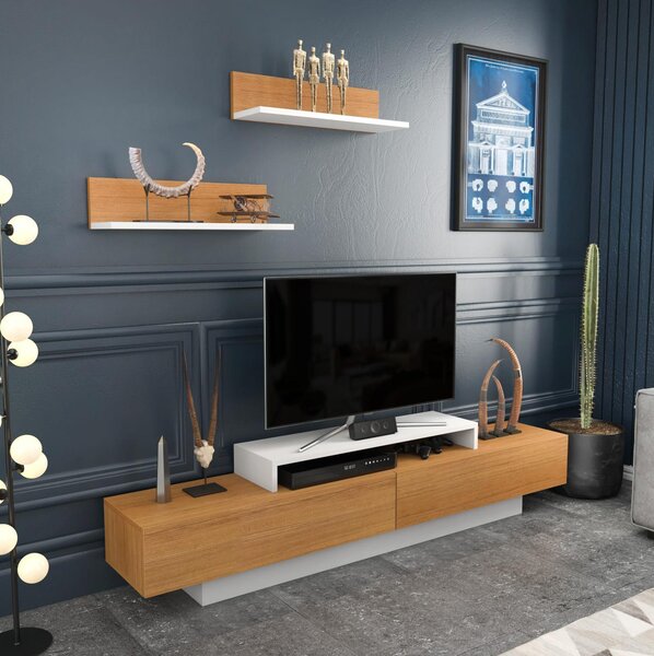 Obývací stěna Lusalona (bílá + teak). Akce -25%
