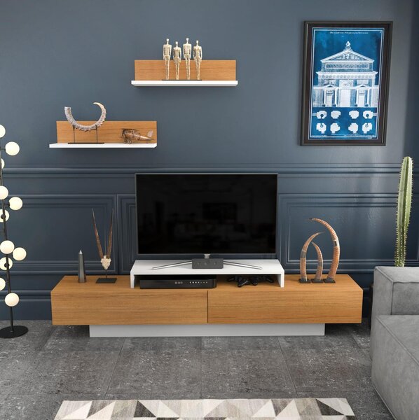 Obývací stěna Lusalona (bílá + teak). Akce -25%