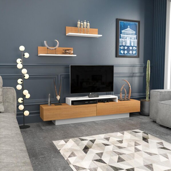 Obývací stěna Lusalona (bílá + teak). Akce -25%