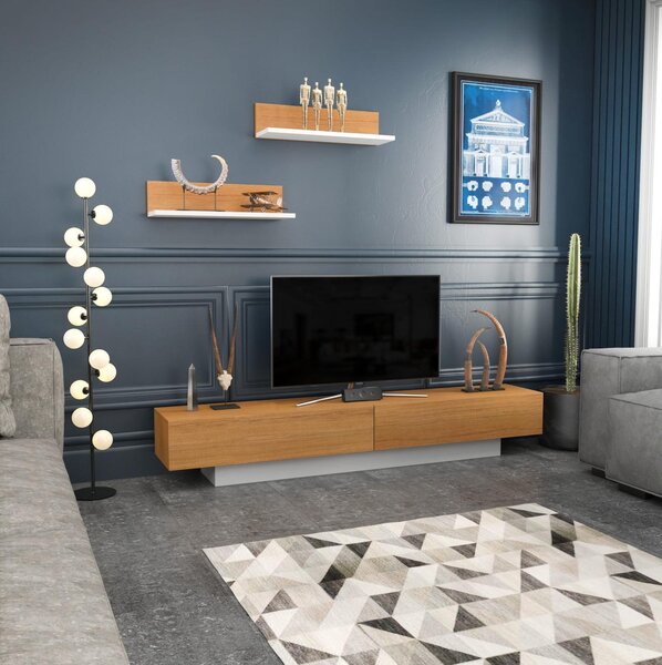 Obývací stěna Lusalona (bílá + teak). Akce -25%