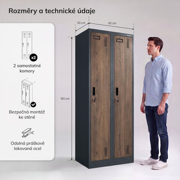 Dvoukomorová zaměstnanecká skříňka antracit / ořech: Eco Design KACPER II, 600 x 1800 x 500 mm