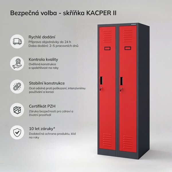 Dvoukomorová zaměstnanecká skříňka antracitově červená: KACPER II, 600 x 1800 x 500 mm