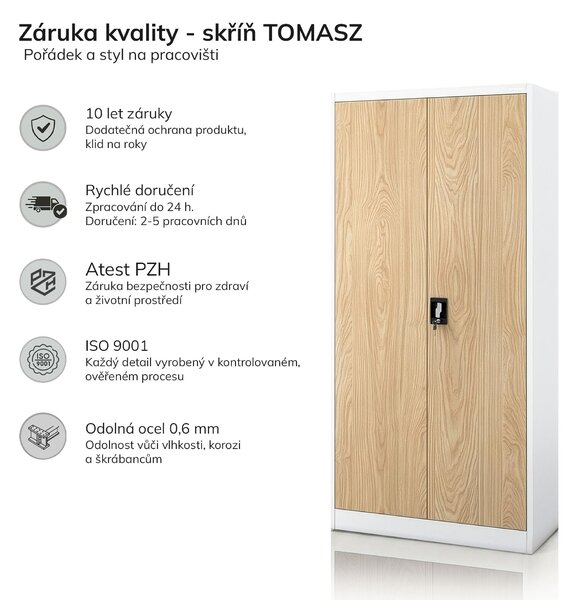 Kovová skříň s přihrádkou bílá / dub sonoma: Eco Design TOMASZ, 900 x 1850 x 450 mm
