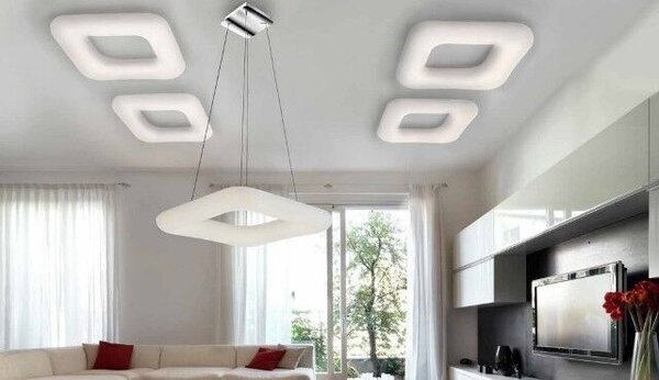 Donut závěsné svítidlo LED 80W 6800lm 2700-6000K 46cm hranaté IP20, chrom/bílá + ovladač