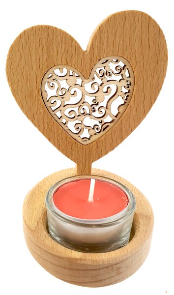 AMADEA Dřevěný svícen srdce s vkladem - ornament, masivní dřevo, výška 10 cm