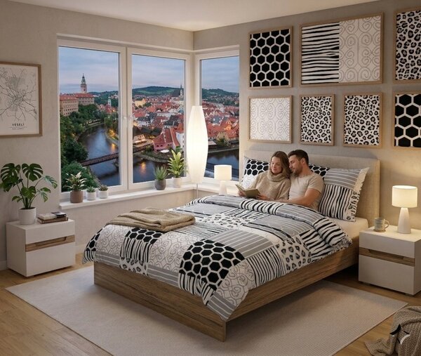 BELLATEX Bavlněné povlečení Šedá, Černá, Bílá 140x200, 70x90 cm