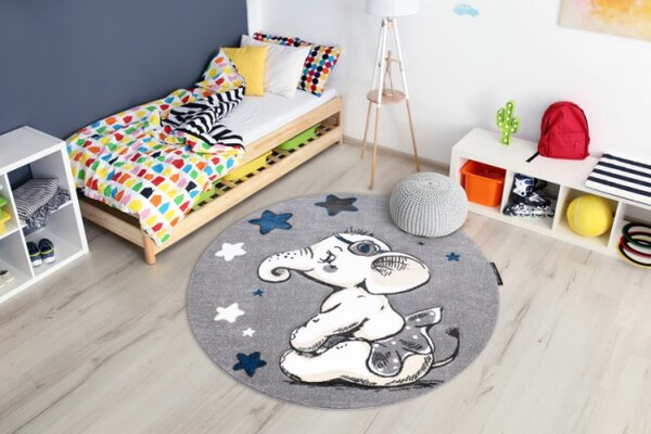Koberec PETIT ELEPHANT Slůně HVĚZDY kruh šedý