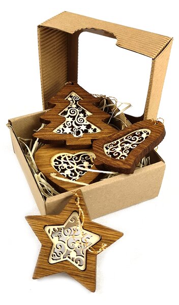 AMADEA Vánoční set 4 druhů dřevěných ozdob z masivu s vkladem - ornament + krabička
