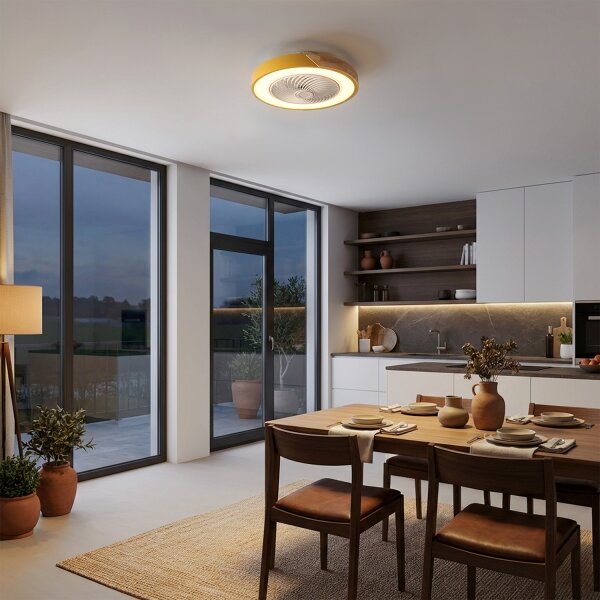 Brilagi - LED Stmív. svítidlo s ventilátorem LED/38W/230V 50 cm zlatá/dub + DO