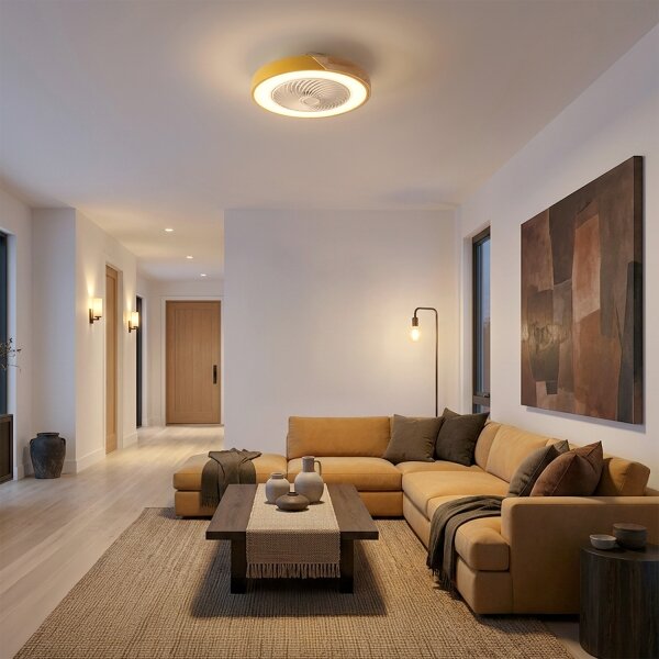 Brilagi - LED Stmív. svítidlo s ventilátorem LED/38W/230V 50 cm zlatá/dub + DO