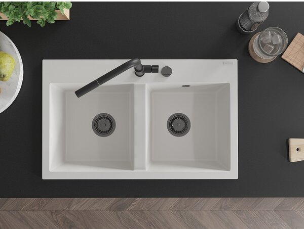 Mexen Hektor, 2-komorový granitový dřez 800x480x205 mm, bílá, grafitový sifon, 6521802000-20-B
