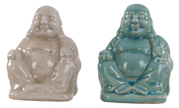 Štýlová etno keramická glazúrovaná soška Budha v béžovej farbe s lesklým povrchom 16 cm